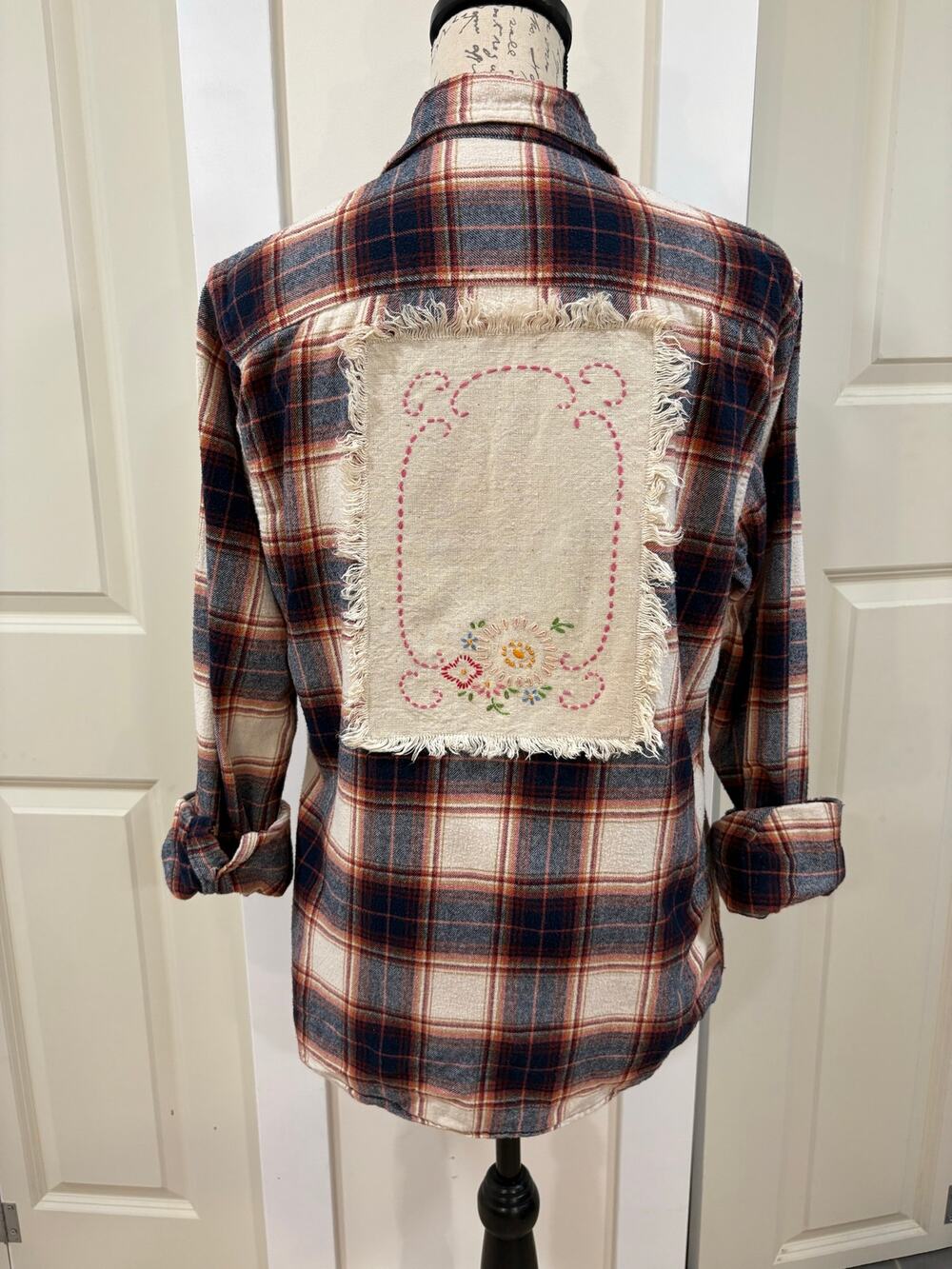 Grunge X Cottage Reworked 100% Cotton Plaid Flannel Shirt w/ Doily Appliqué